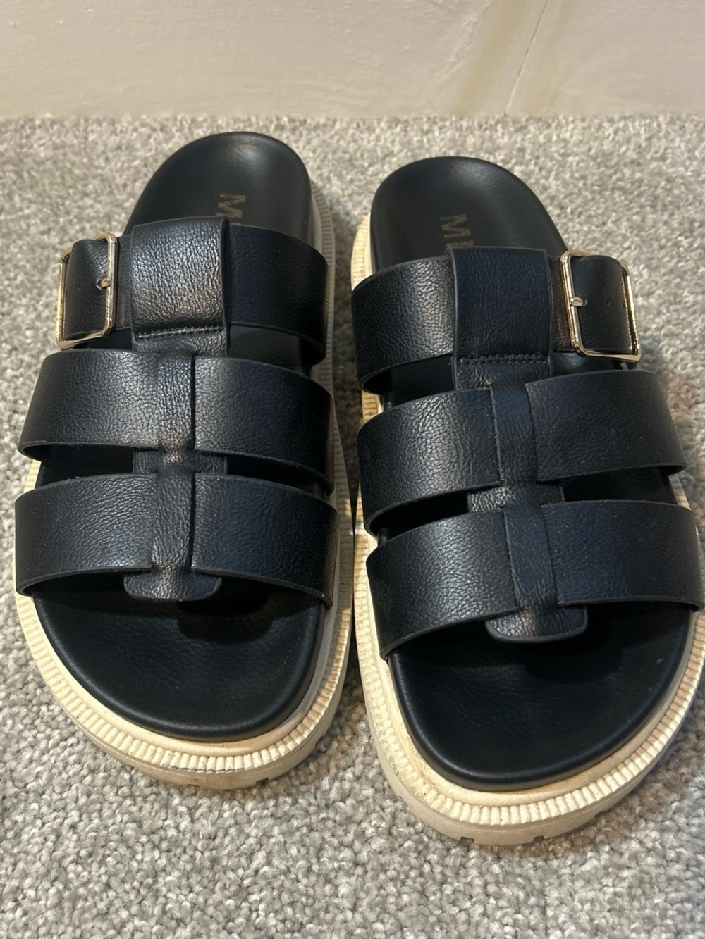 Black MIA Strappy Slide Sandals with Cream Platform